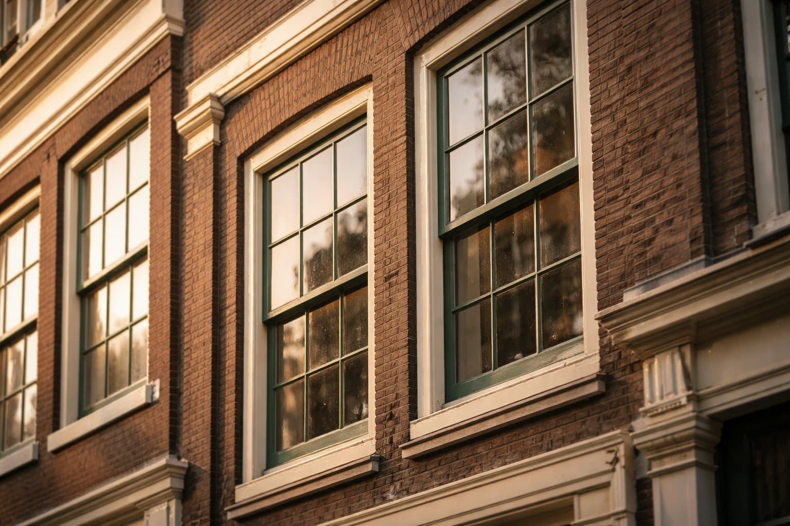 Monumentale gevel met historische houten raamkozijnen